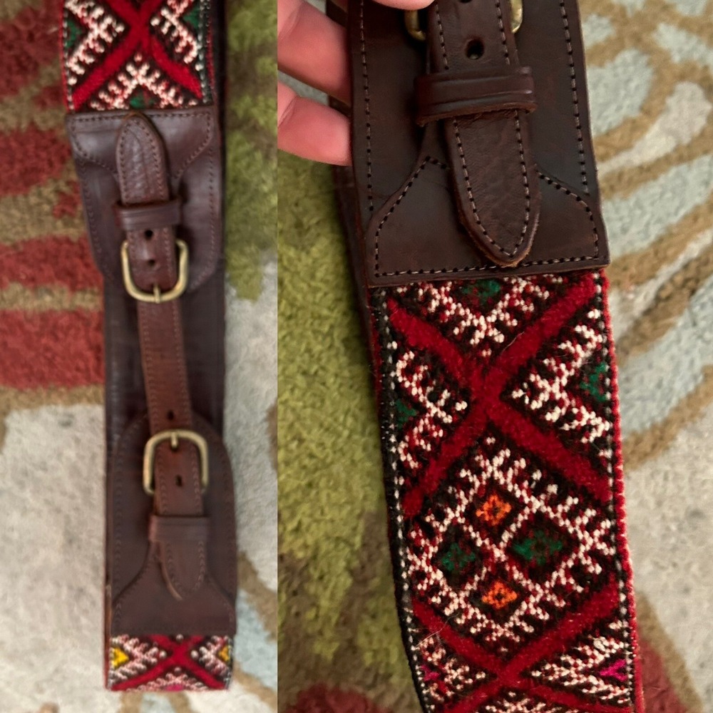 Motif 56 Wide Leather Tapestry Needlept Double Buckle Belt Vtg Sz L 35-37" X 3"